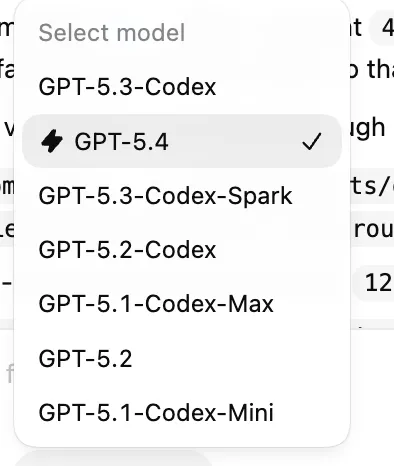 Codex macOS app model selector showing GPT-5.4