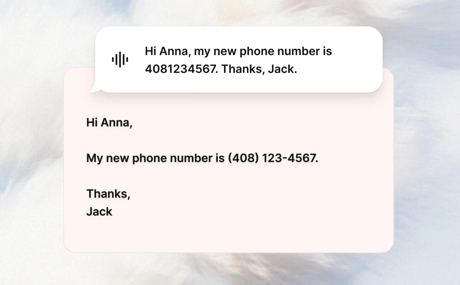Typeless reformatting a voice message